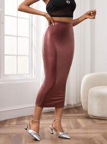 SHEIN PETITE Eo đàn hồi Chất rắn Váy bút chì - Đỏ - Xem 6