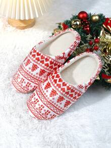 女士舒适圣诞老人图案室内拖鞋，静音地板软底轻便蓬松圣诞主题家居拖鞋，秋冬款 - 彩色 - 查看 2