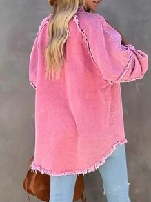 Stylish Loose Fit Pink Jacket With Frayed Edges, Versatile Piece
