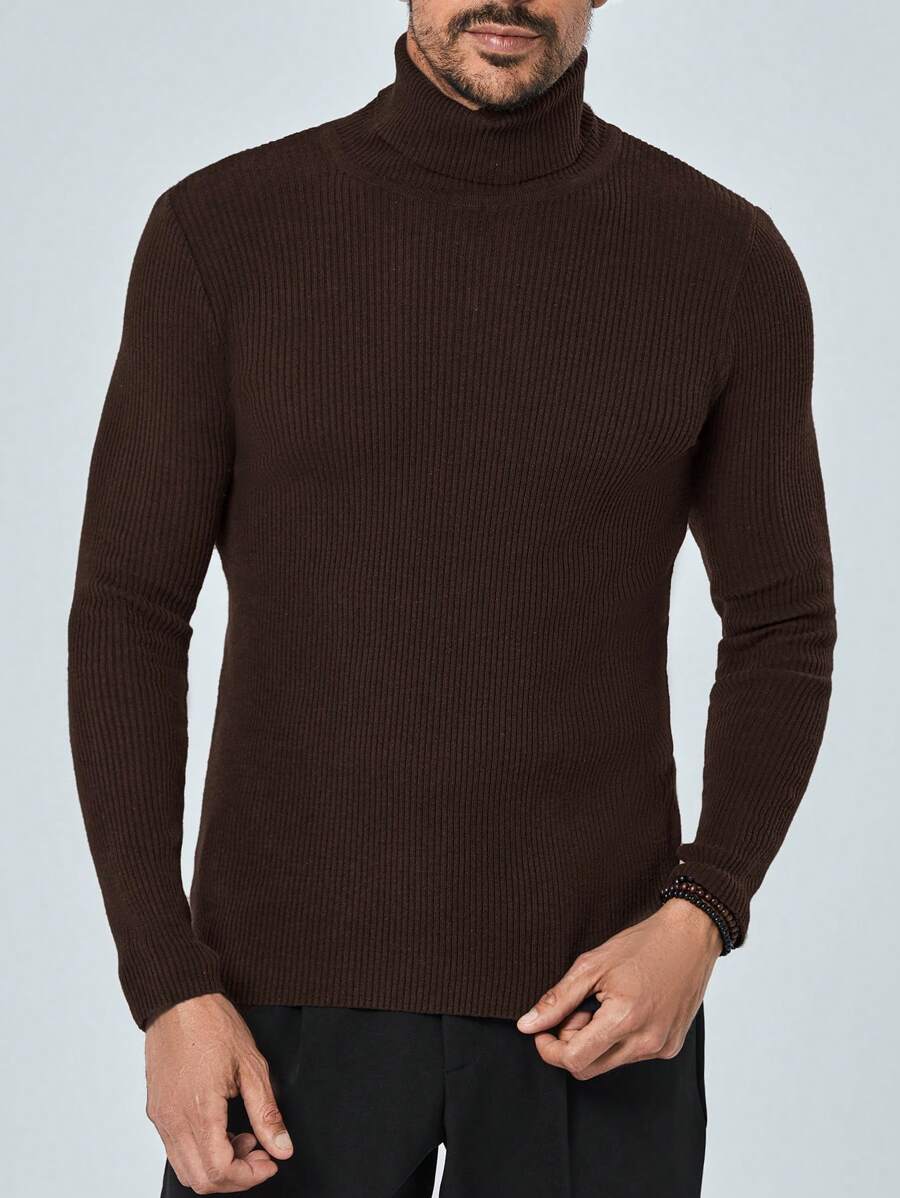 RueChic Men's Solid Color Turtleneck Sweater - Brown - View 1