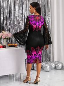 SHEIN Lady 圖案印花蕾絲拼接荷葉袖緊身洋裝 - 彩色 - 查看 2