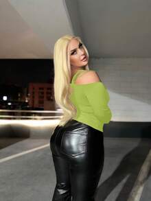 SHEIN SXY 大碼不對稱領側收褶T恤 - 綠色 - 查看 2