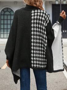 SHEIN LUNE Đồ họa Houndstooth Áo cao cổ tay cánh Chi tiết Nút Áo len Poncho - Nhiều màu - Xem 2