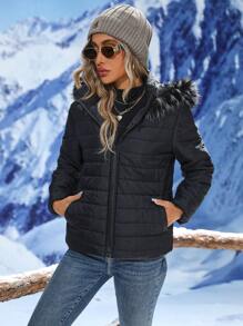 SHEIN LUNE 毛绒装饰连帽加厚棉服外套冬季 - 黑色 - 查看 4