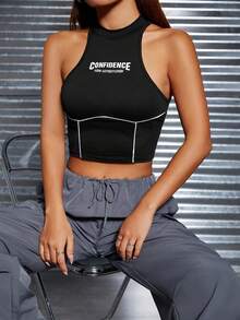 SHEIN PETITE Đồ họa Chữ cái Khâu trên cùng Crop Tank Top - màu đen - Xem 6