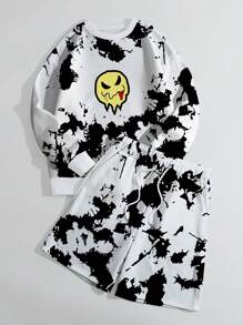 男士紮染卡通圖案運動衫&腰部抽繩短褲 - 彩色 - 查看 1