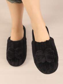 女士冬季保暖拖鞋，鞋底柔软轻便，饰有蝴蝶结，毛绒绒的，蓬松的拖鞋 - 黑色 - 查看 3