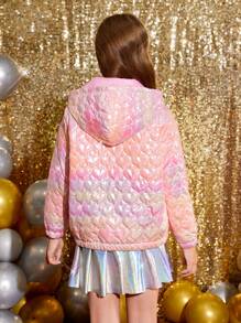 SHEIN Tween Girl' 激光面料心形拼布连帽短款棉服外套 - 粉色 - 查看 2