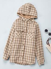 ASVIVID 格紋印花毛絨內襯連帽外套 - 卡其色 - 查看 5