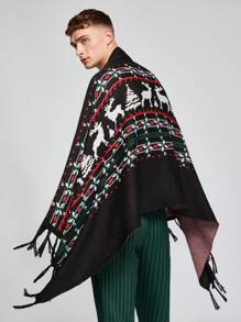 Manfinity VCAY Men's Christmas Elk Pattern Fringe Hem Poncho Oversized Cardigan - Multicolor - View 1