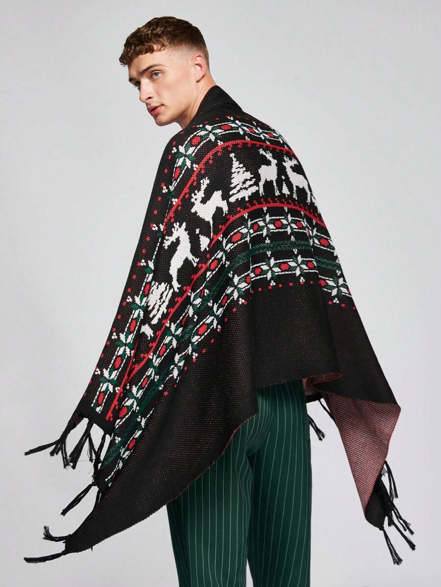 Manfinity VCAY Men's Christmas Elk Pattern Fringe Hem Poncho Oversized Cardigan - Multicolor - View 1