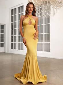 SHEIN Belle Crisscross Front Mermaid Hem Formal Dress - Yellow - View 4