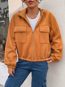 SHEIN Unity 翻蓋口袋拉鏈開襟連帽夾克 - 棕色 - 查看 6