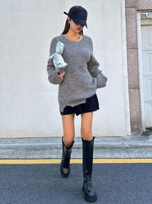 Dazy Star Solid Drop Shoulder Sweater,Fall Clothes - Grey - View 6