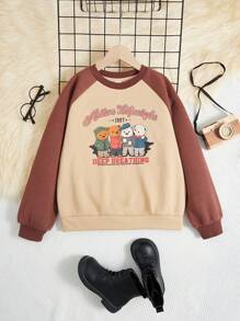 Tween Girl Cartoon & Letter Graphic Raglan Sleeve Thermal Lined Sweatshirt - Apricot - View 3