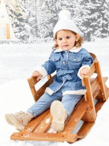 SHEIN Infant Girls' Casual Thermal Lined Long Coat With Lapel Collar And Belt