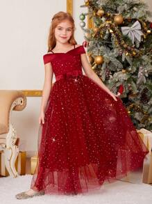Tween Girl Foldover Cold Shoulder Bow Front Glitter Mesh Gown Dress - Burgundy - View 4