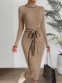 SHEIN Clasi Contrast Binding Turtleneck Belted Sweater Dress - Khaki - View 5