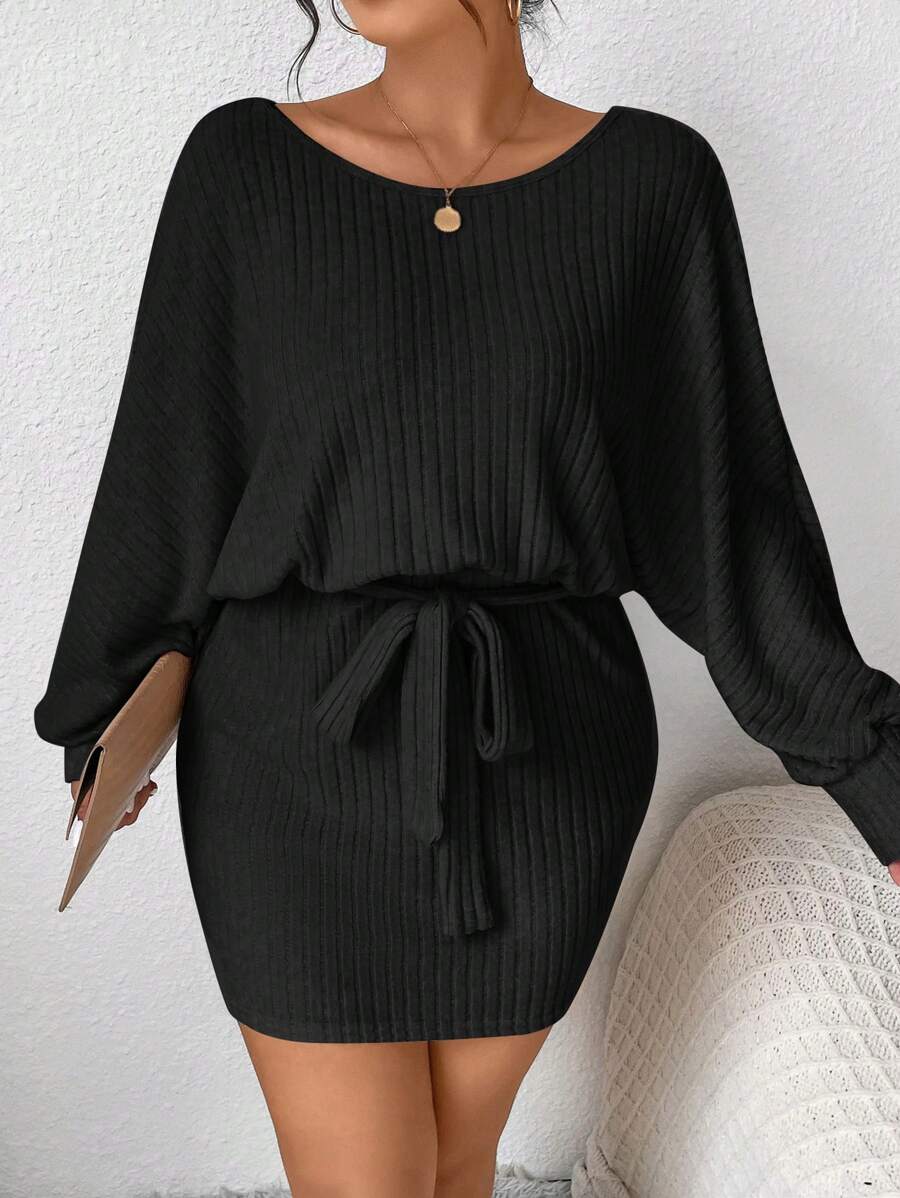 SHEIN Frenchy Plus Ribbed Knit Belted Dress