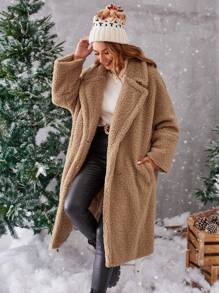 SHEIN Essnce Lapel Neck Slant Pocket Teddy Coat - Khaki - View 3