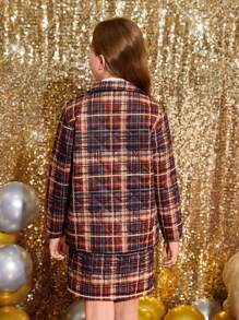 SHEIN Tween Girl Plaid Print Dual Pocket Coat & Skirt - Multicolor - View 2