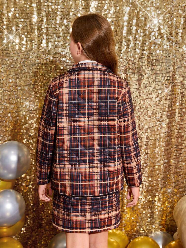 Tween Girl Plaid Print Dual Pocket Coat & Skirt