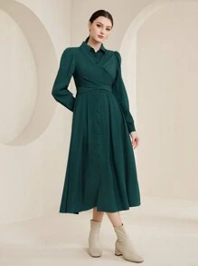 Mulvari Chất rắn Crisscross Buộc lại Nút phía trước Váy sơ mi - màu xanh lá - Xem 6