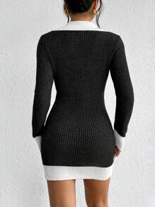 SHEIN Essnce Contrast Trim Bodycon Sweater Dress - Black - View 2