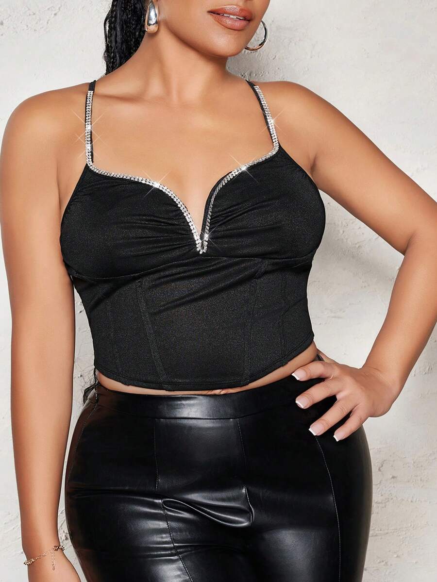 SHEIN BAE 大碼水鑽細節褶邊緊身吊帶 - 黑色 - 查看 1