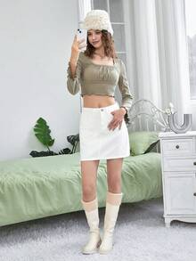 SHEIN MOD 大圓領胸部褶皺木耳邊短款T恤 - 綠色 - 查看 5