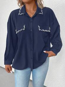 SHEIN Clasi 大碼珍珠串珠落肩袖襯衫 - 藏蓝色 - 查看 4