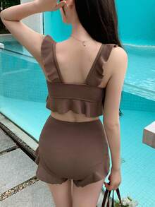 DAZY Tanquini con pantalones cortos sólidos y ribete de volantes - Café integral - Ver 2