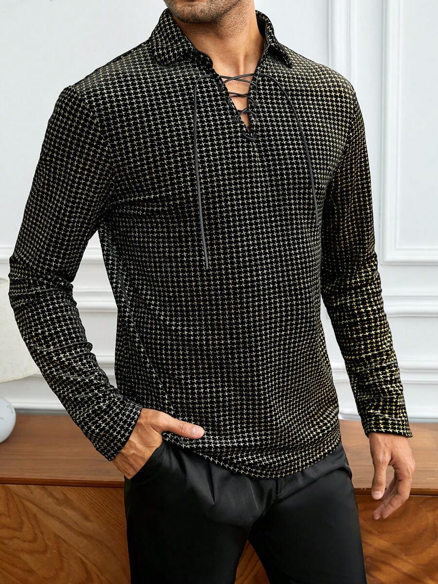 GENTILAND Men's Houndstooth Knitted Leisure Polo Shirt - Black - View 1