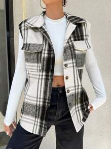 SHEIN Unity Plaid Print Flap Pocket Vest Overcoat - Black and White - View 1