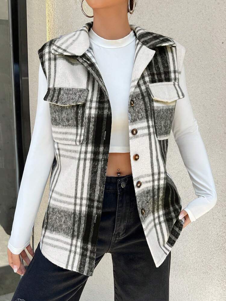 Plaid Print Flap Pocket Vest Overcoat