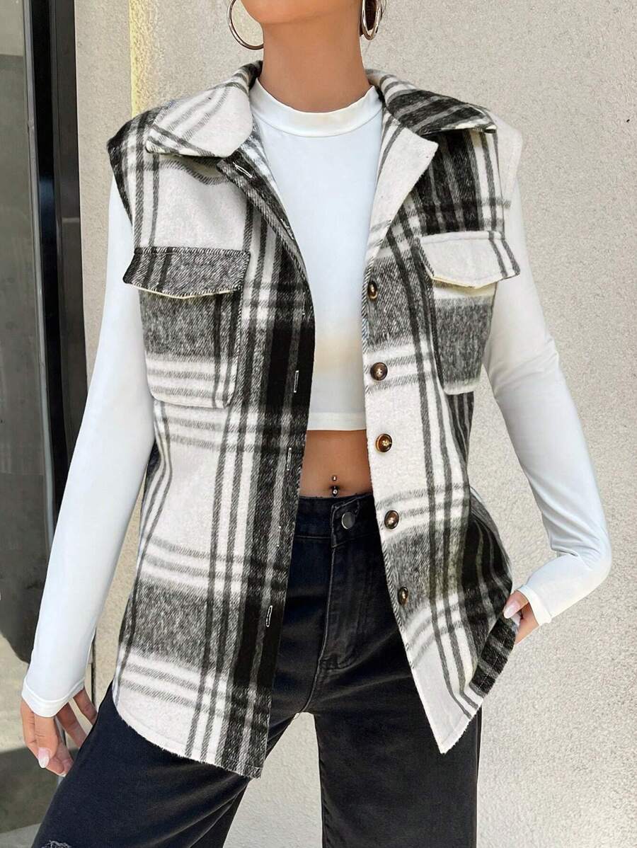 SHEIN Unity Plaid Print Flap Pocket Vest Overcoat - Black and White - View 1