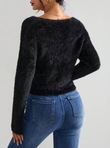 SHEIN Privé Rhinestone Bow Front Crop Fuzzy Cardigan - Black - View 2