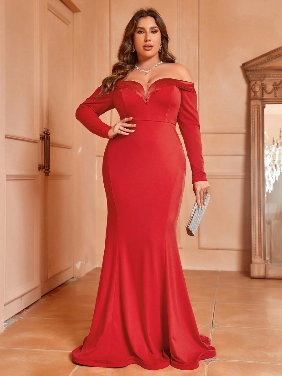 SHEIN Belle Kích thước lớn Off Shoulder Chất vải Nối Thanh lịch Mỹ nhân ngư Tay áo dài Chính thức Đầm dạ hội ( Nặng Làm việc ) - Đỏ - Xem 1