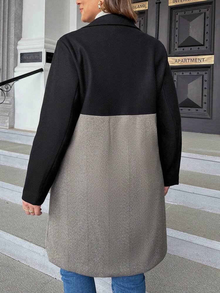 Plus Herringbone Print Colorblock Overcoat