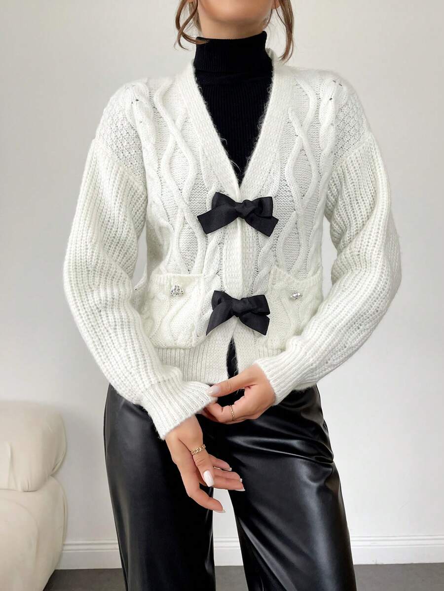 EURMUSE Butterfly Bow Detail Cable Knit Cardigan Sweater - White - View 1