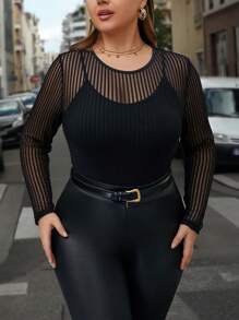 SHEIN Clasi Plus Striped Mesh Sheer Top Without Cami - Black - View 3