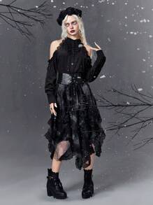 ROMWE Goth 挖肩前紐扣襯衫不附腰帶 - 黑色 - 查看 1