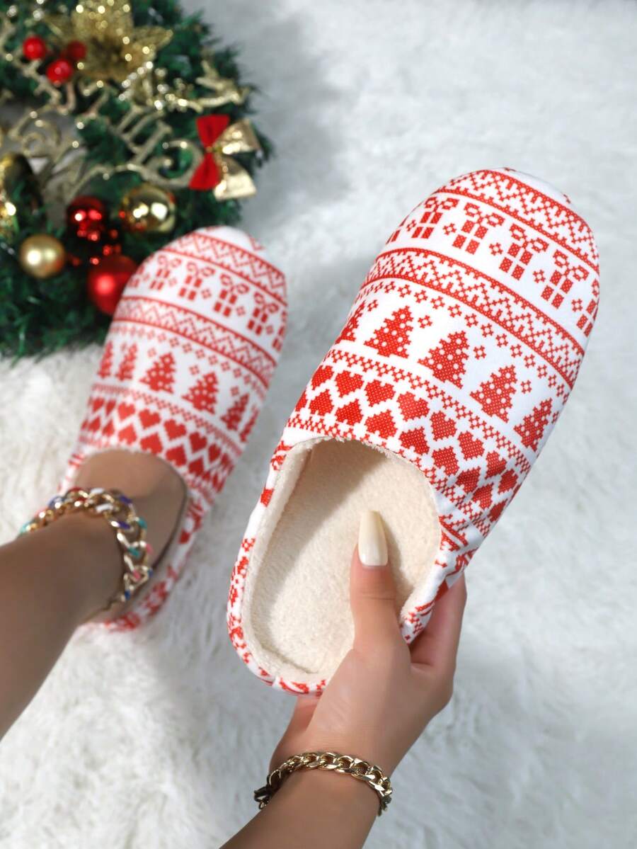 女士舒适圣诞老人图案室内拖鞋，静音地板软底轻便蓬松圣诞主题家居拖鞋，秋冬款 - 彩色 - 查看 1