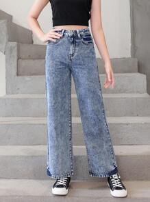Tween Girl Slant Pocket Straight Leg Jeans - Blue - View 5