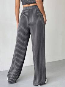 SHEIN EZwear Pantalones Rectos De Rayas Verticales Para Mujer - Gris Oscuro - Ver 2