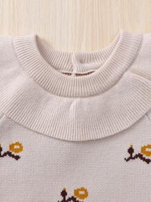 Baby Girl Floral Pattern Ruffle Trim Knit Jumpsuit - Multicolor - View 6