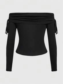 ROMWE Grunge Punk Của phụ nữ Off Shoulder Sọc Áo thun - màu đen - Xem 2
