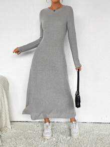 SHEIN Essnce Chất rắn Váy chữ A - Màu Xám nhạt - Xem 3