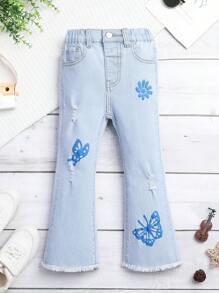Cô Gái Trẻ Bướm & hoa in Rách Cắt Thô Quần ống loe - Rửa nhẹ - Xem 1
