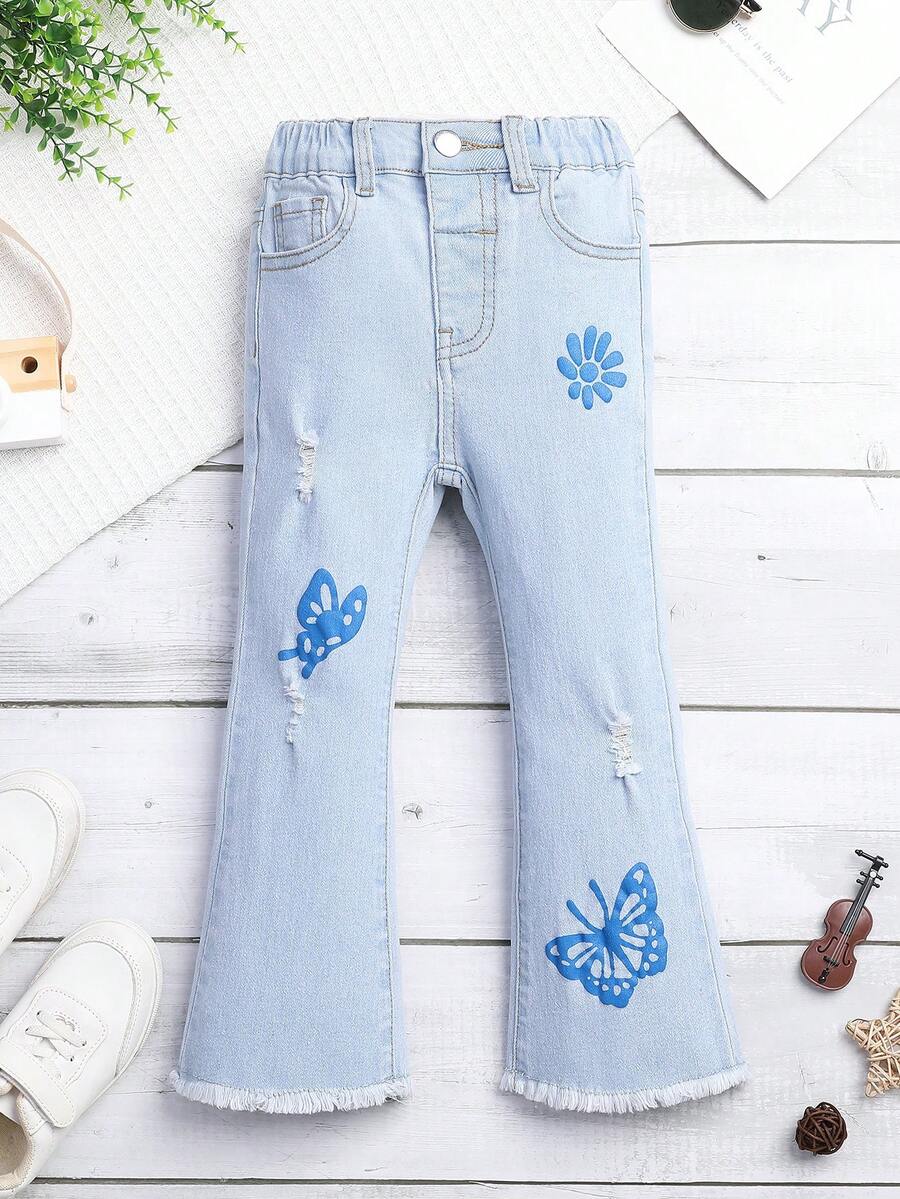 Cô Gái Trẻ Bướm & hoa in Rách Cắt Thô Quần ống loe - Rửa nhẹ - Xem 1